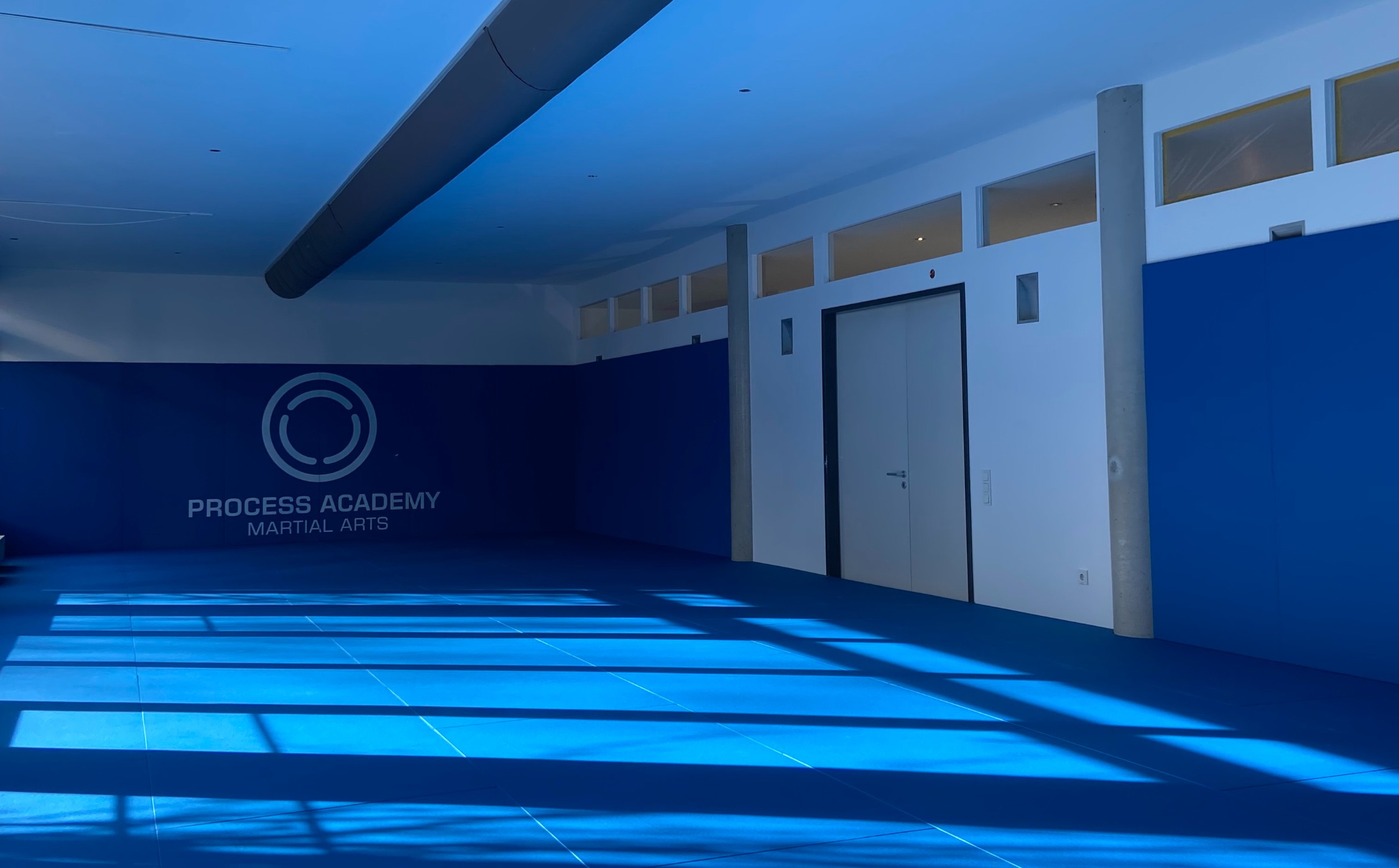 Weitläufige, blau ausgeleuchtete Trainingsfläche der Process Academy in Stuttgart mit Mattenboden und Wandlogo